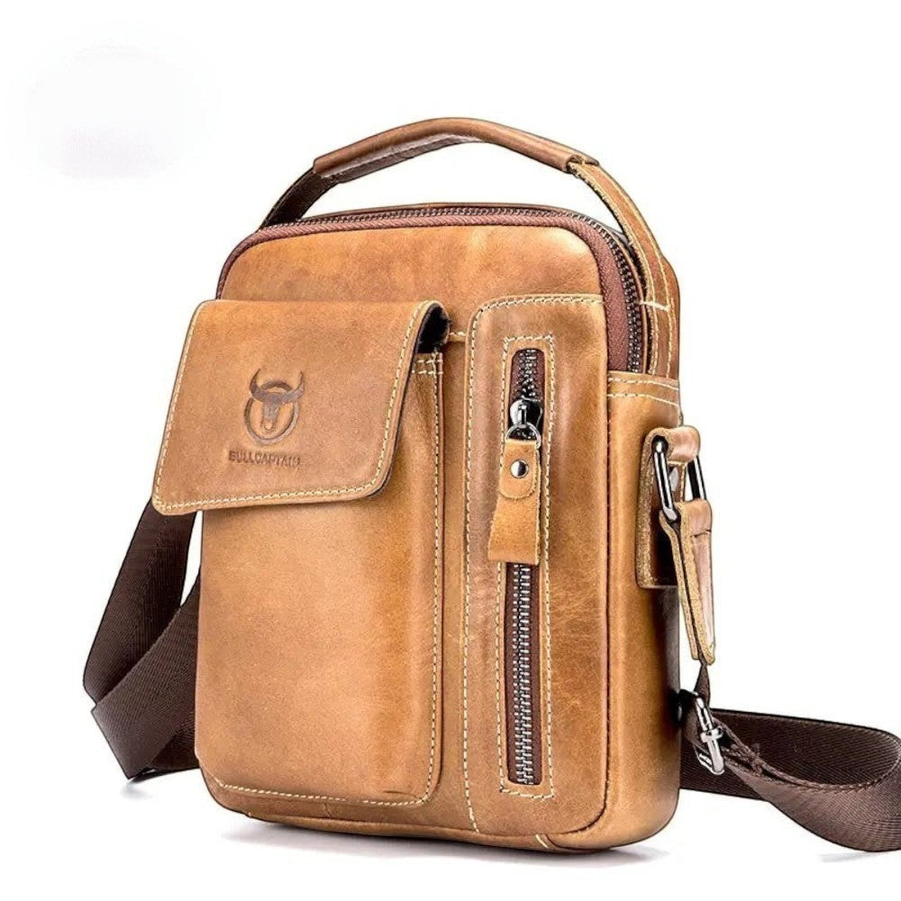 Sacoche Le Sac Bandoulière en cuir véritable camel avec poches zippées et bandoulière réglable pour homme