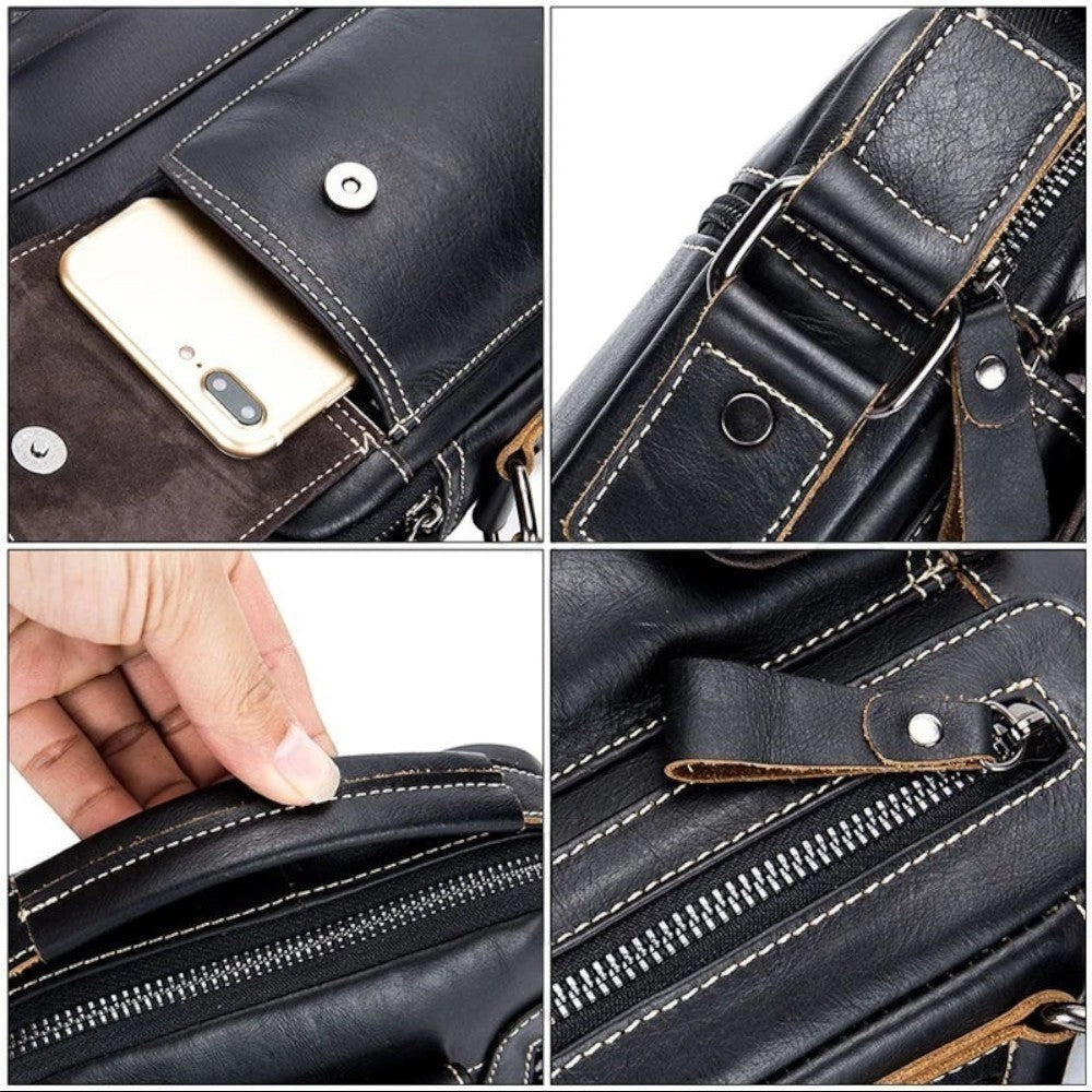 Détails de la sacoche Le Sac Bandoulière en cuir noir avec compartiments zippés, poche pour téléphone et poignée.