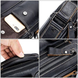 Détails de la sacoche Le Sac Bandoulière en cuir noir avec compartiments zippés, poche pour téléphone et poignée.