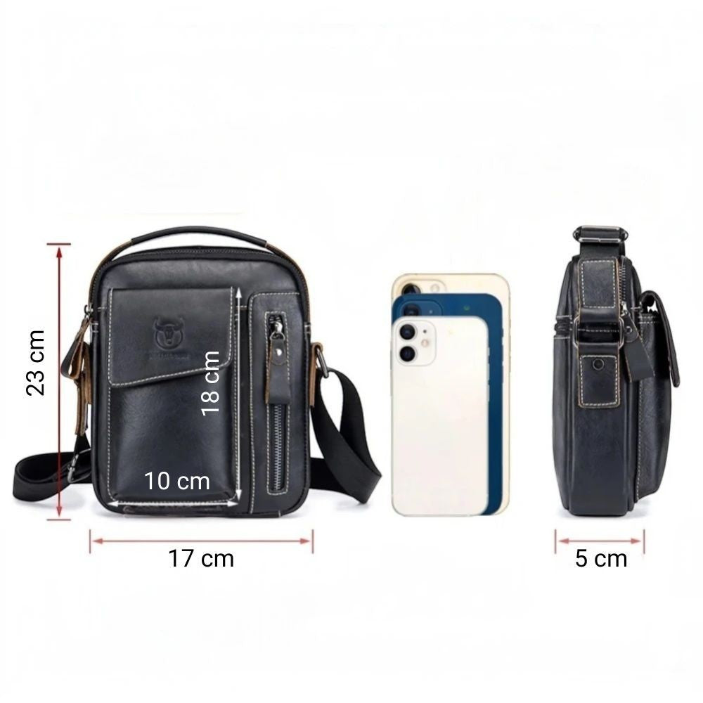 Sacoche Le Sac Bandoulière en cuir noir compacte avec dimensions et compartiments pour téléphone et accessoires