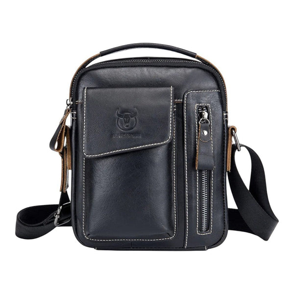 Sacoche Le Sac Bandoulière en cuir véritable noir, compacte avec multiples poches zippées et surpiqûres contrastées.