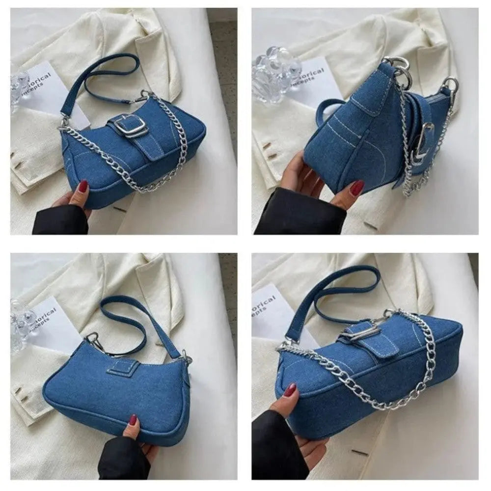 Petit sac à main à chaine en jean bleu détails 2