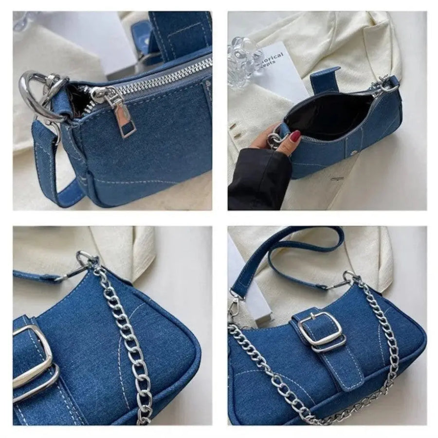 Petit sac à main à chaine en jean bleu détails