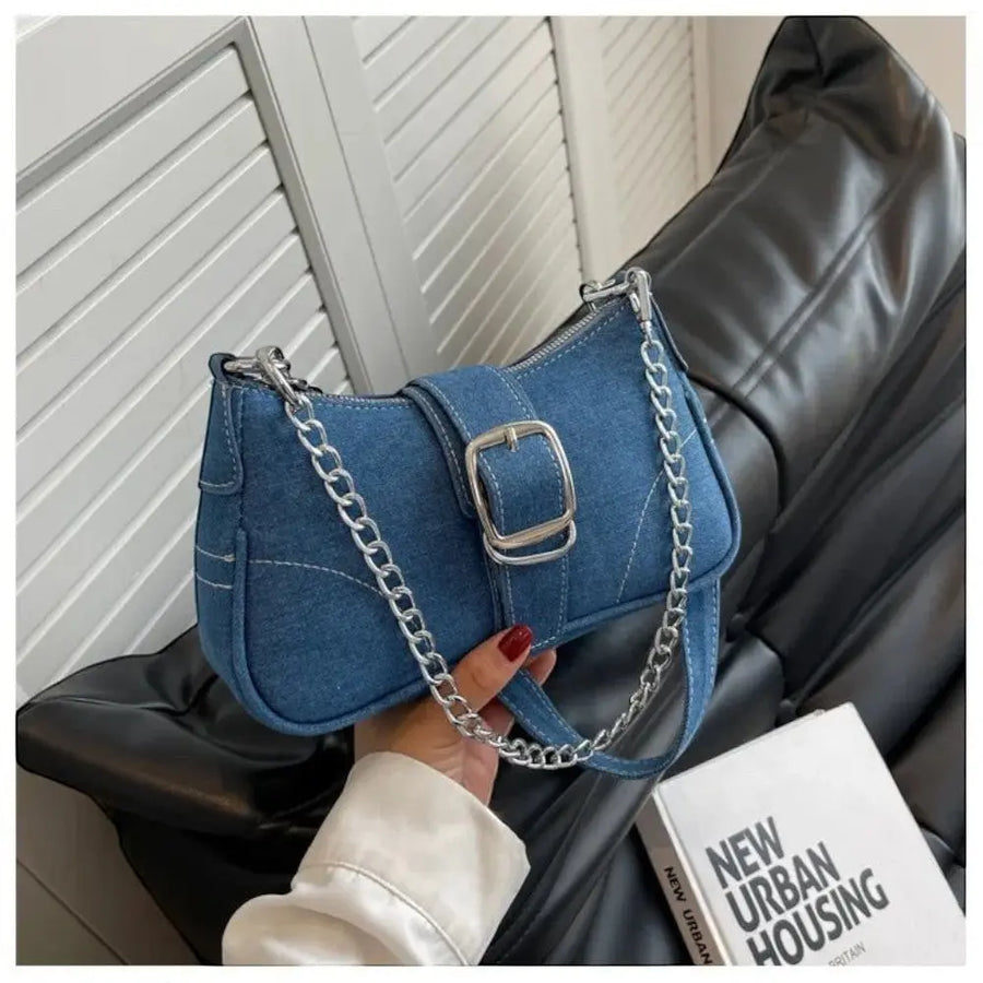 Petit sac à main à chaine en jean bleu