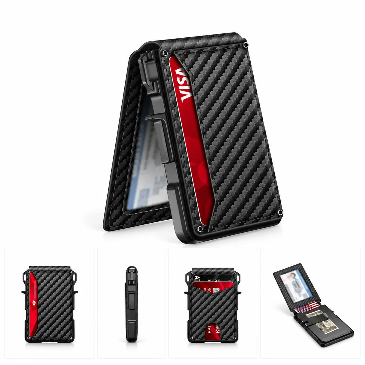 Porte-cartes homme effet carbone avec une carte bancaire rouge visible.