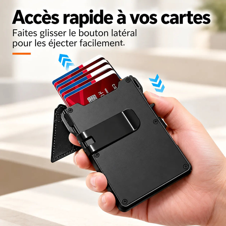 Porte-cartes homme montrant le mécanisme d'éjection rapide des cartes.