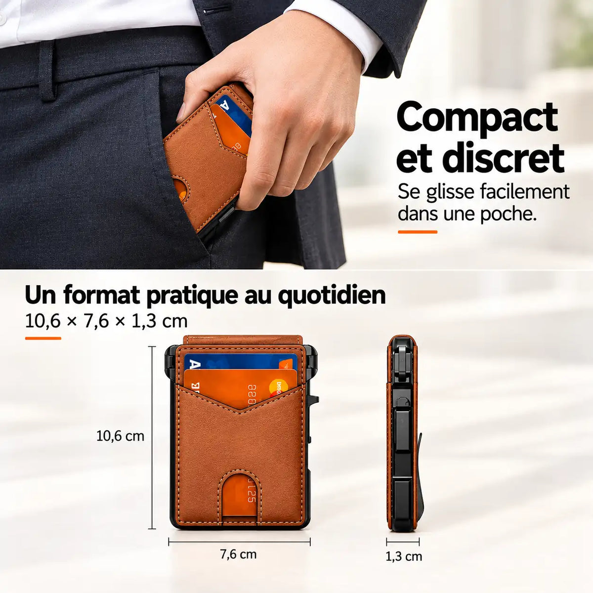 Porte-cartes homme compact présenté pour illustrer son faible encombrement.