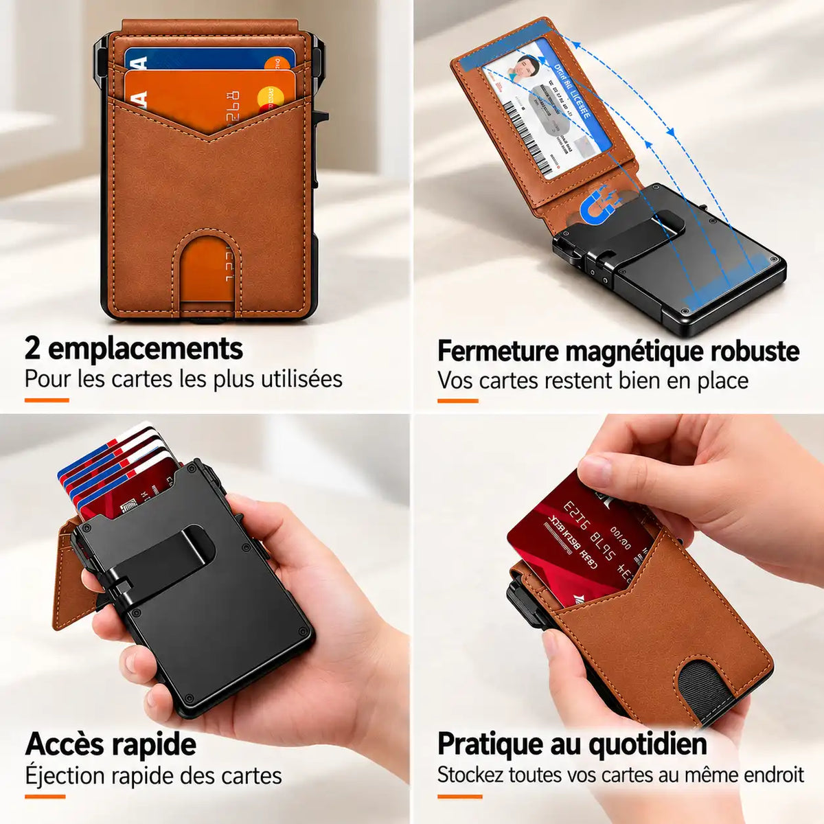Porte-cartes marron avec ses différents emplacements pour cartes et billets.
