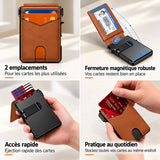 Porte-cartes marron avec ses différents emplacements pour cartes et billets.