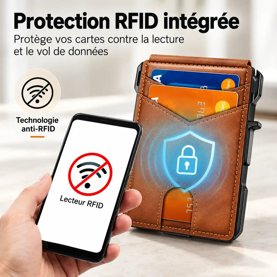 Illustration de la protection RFID intégrée au porte-cartes homme.