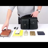 Sacoche homme en cuir véritable style vintage, présentation de ses nombreuses poches 