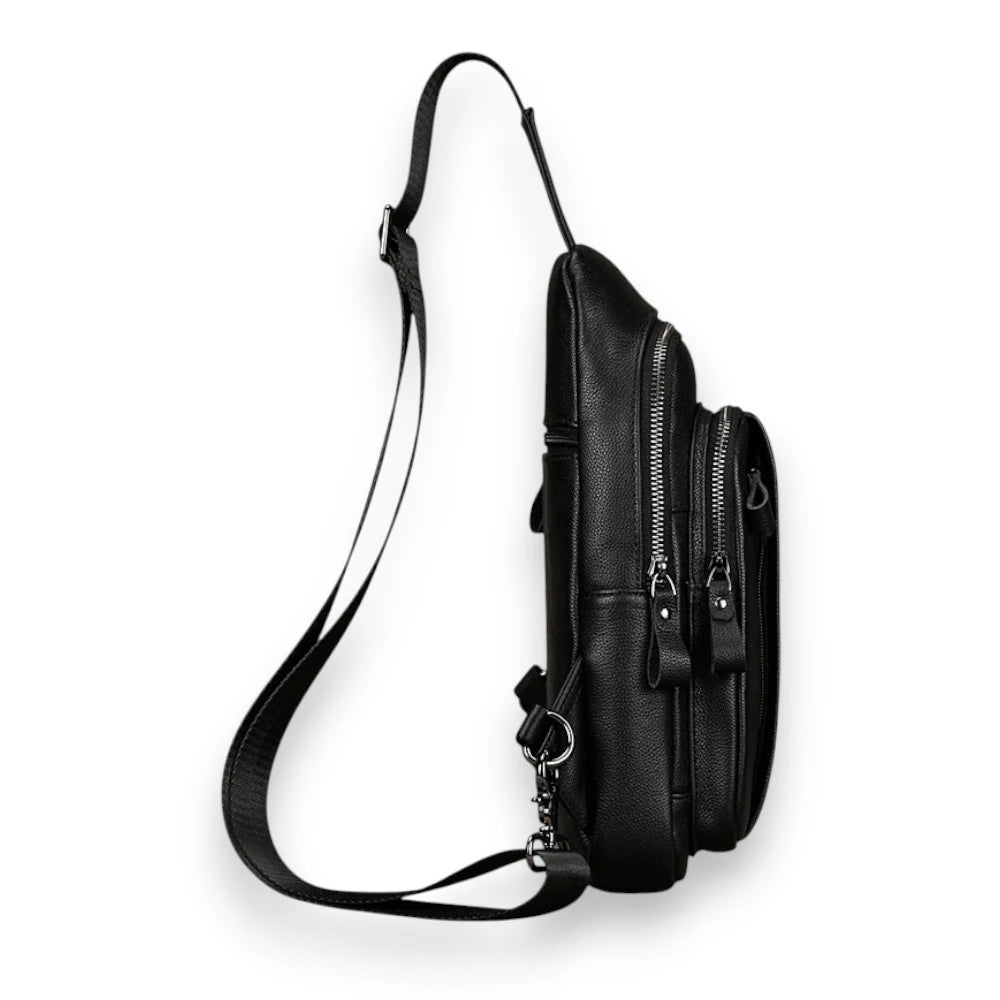 Sac à dos bandoulière en cuir noir de côté