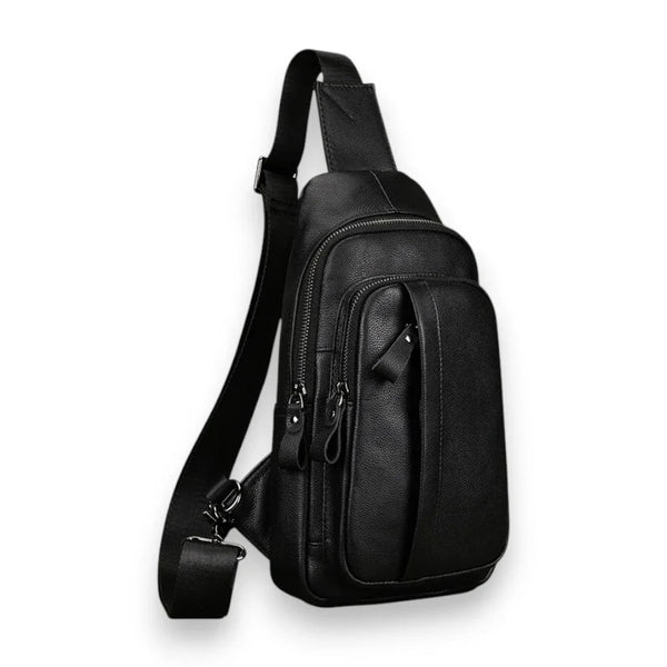 Sac à dos bandoulière en cuir noir de trois quarts