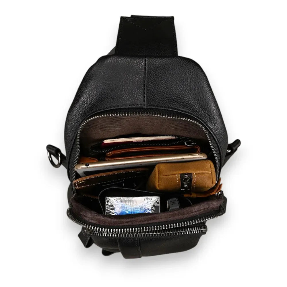 Sac à dos bandoulière en cuir noir intérieur rempli