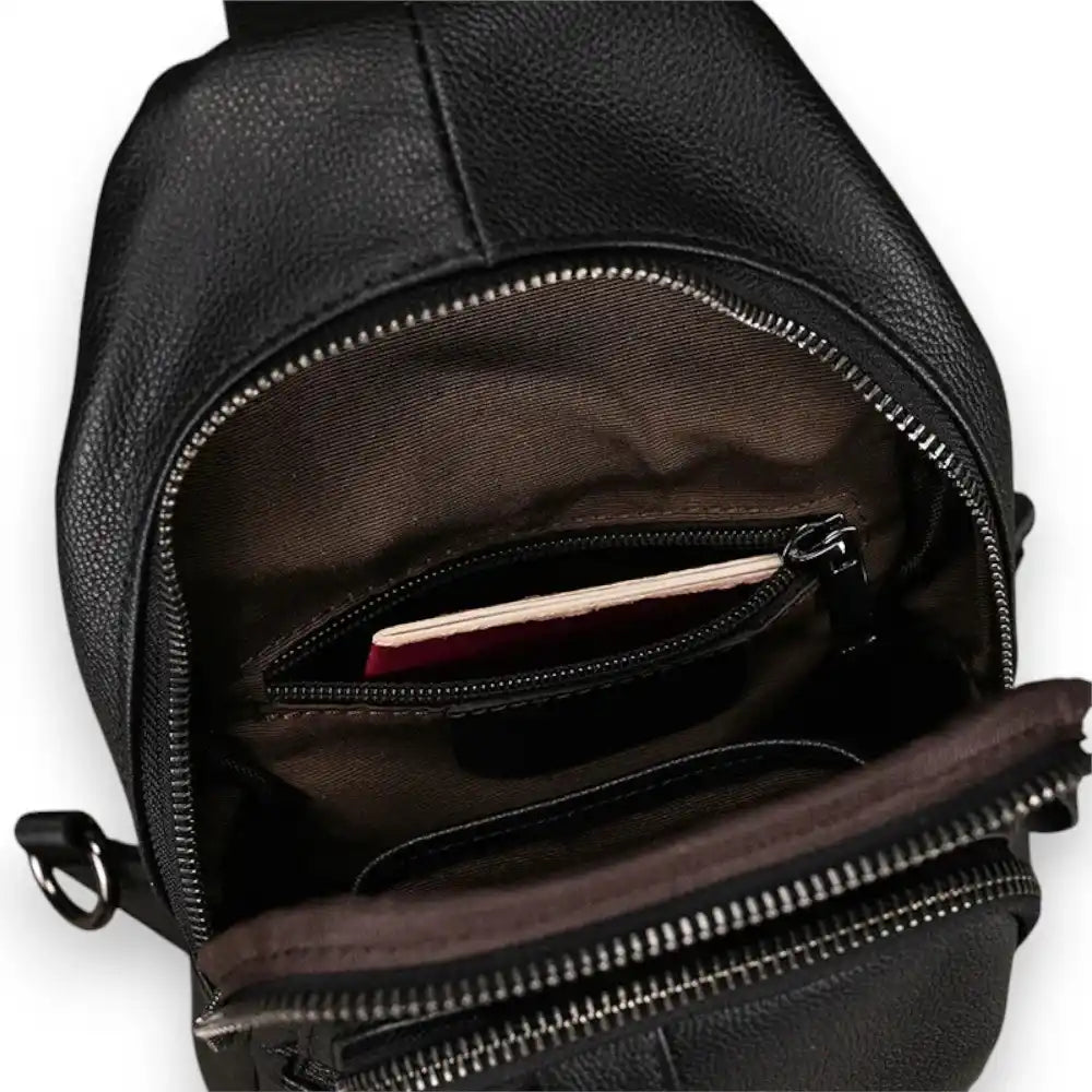 Sac à dos bandoulière en cuir noir poche intérieure