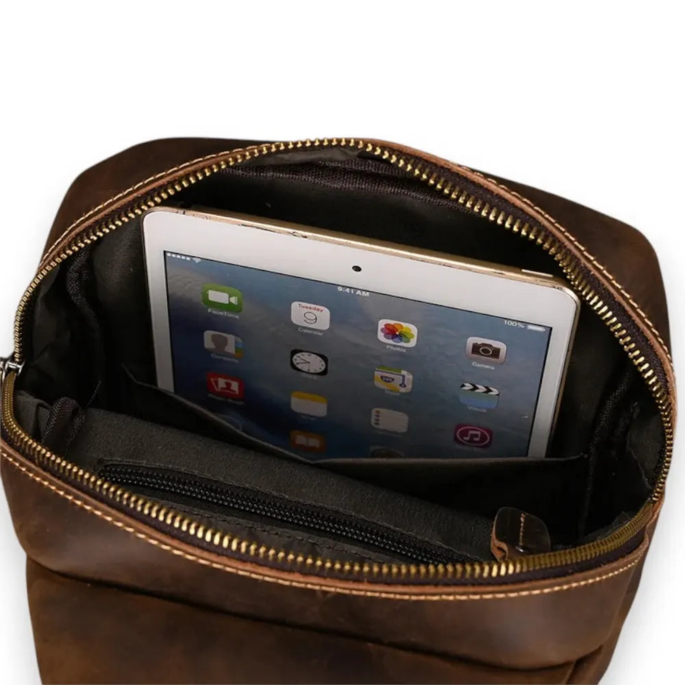 Sac à dos bandoulière homme en cuir véritable poche tablette
