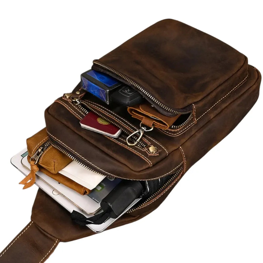 Sac à dos bandoulière homme en cuir véritable nombreux rangements
