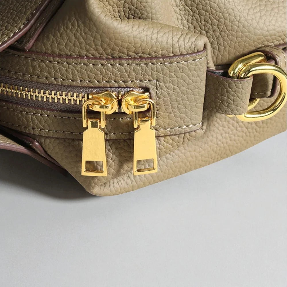 Sac à main bandoulière en cuir véritable marron clair détails