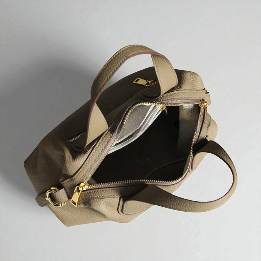 Sac à main bandoulière en cuir véritable marron clair intérieur