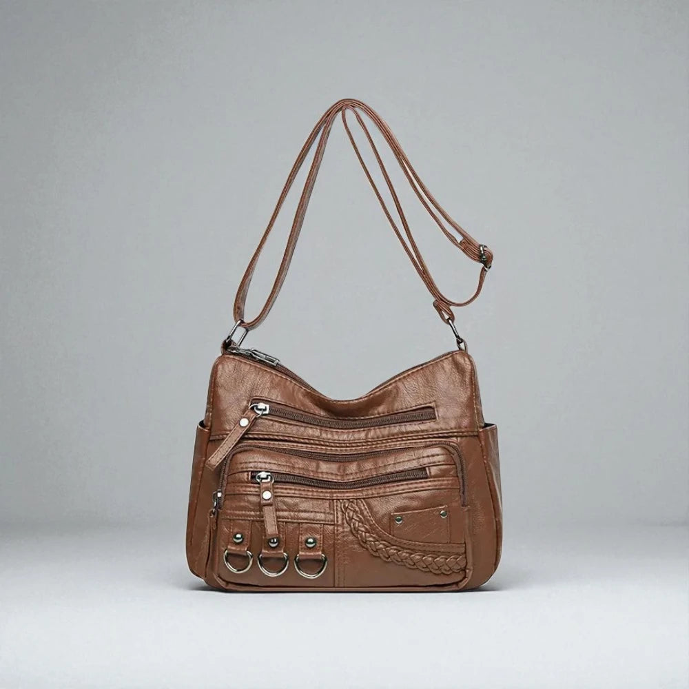 Sac bandoulière cuir souple multiples poches marron de face