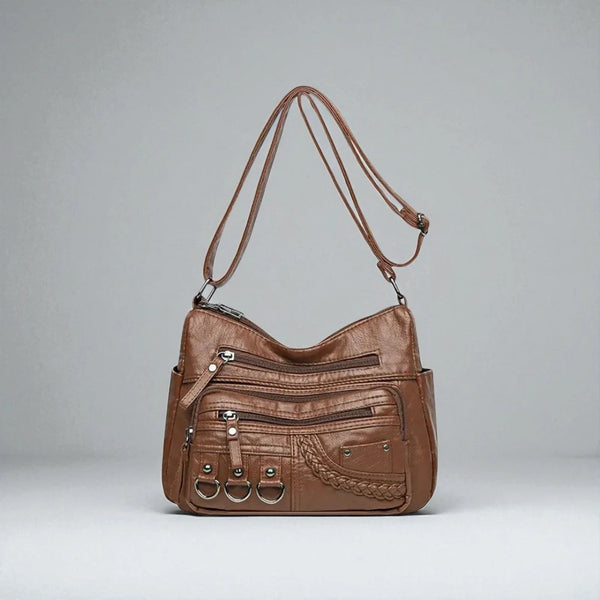 Sac bandoulière cuir souple multiples poches marron de face
