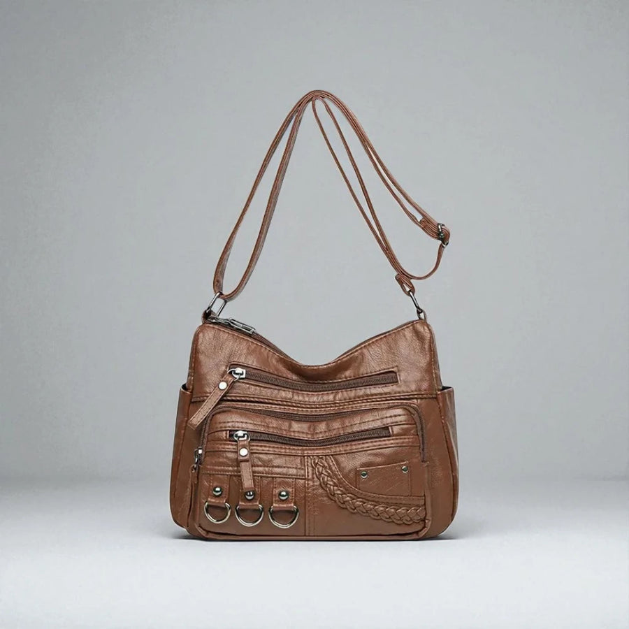 Sac bandoulière cuir souple multiples poches marron de face