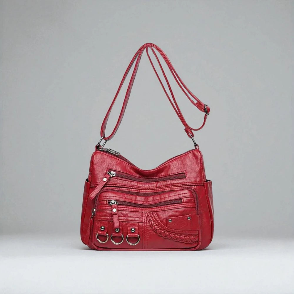 Sac bandoulière cuir souple multiples poches rouge de face