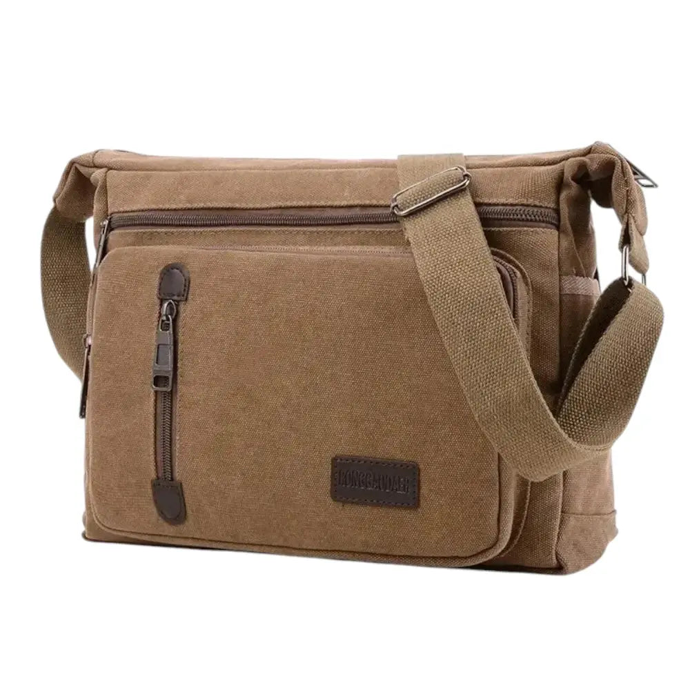 Sac en bandoulière en toile marron de trois quarts