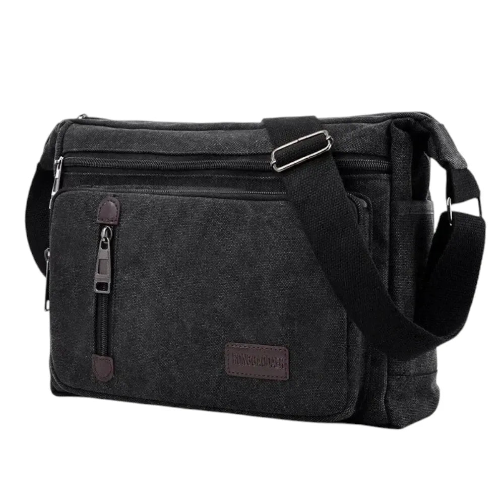 Sac en bandoulière en toile noir de trois quarts