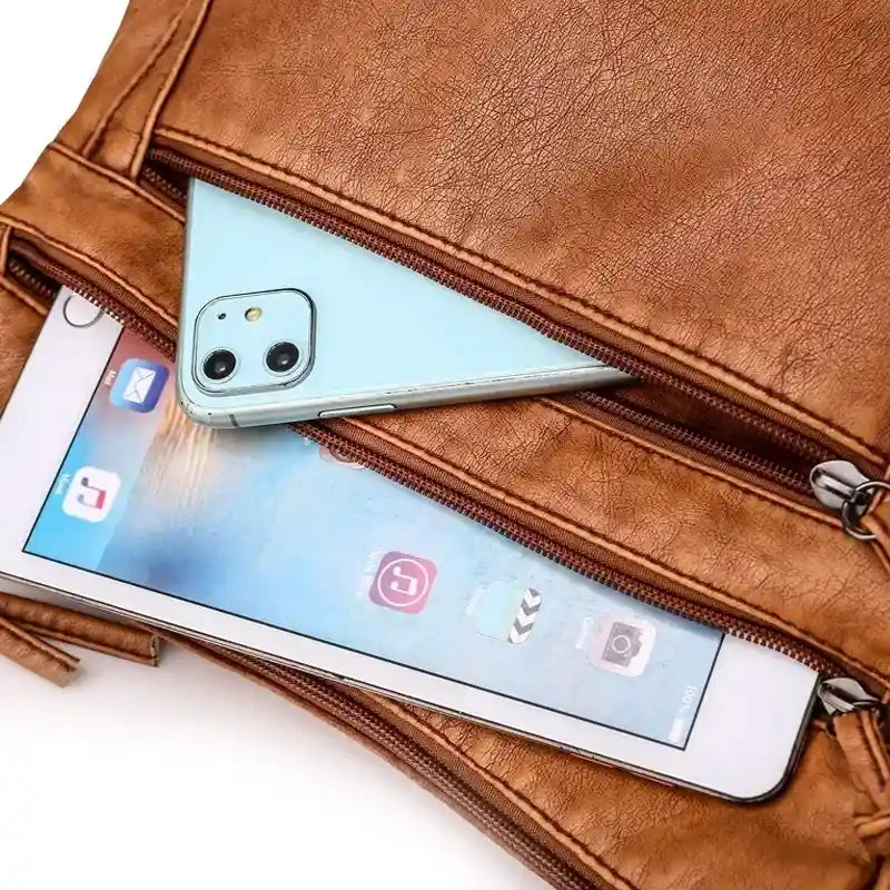 Sac bandoulière femme en cuir camel grandes poches fermetures