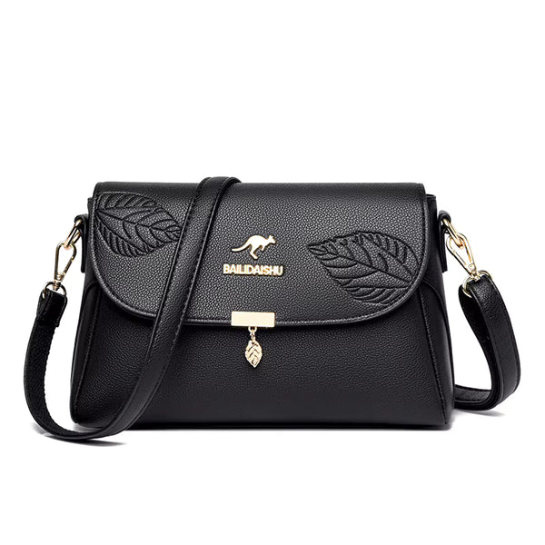 Sac bandoulière femme cuir noir motif feuille