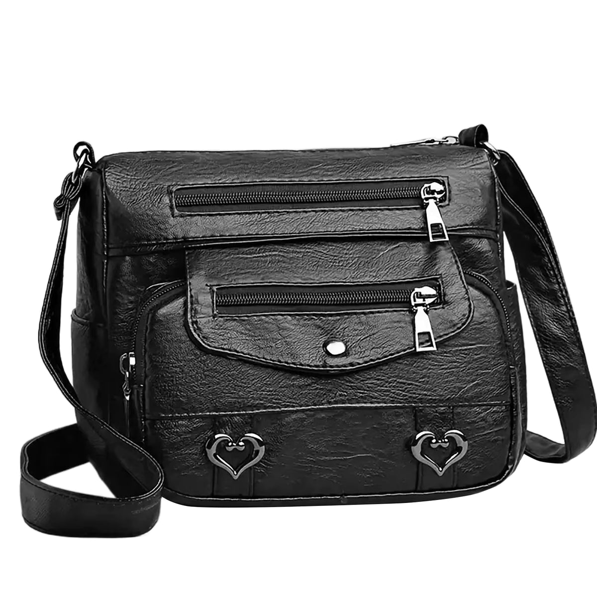Sac bandoulière femme en cuir noir ornements coeur
