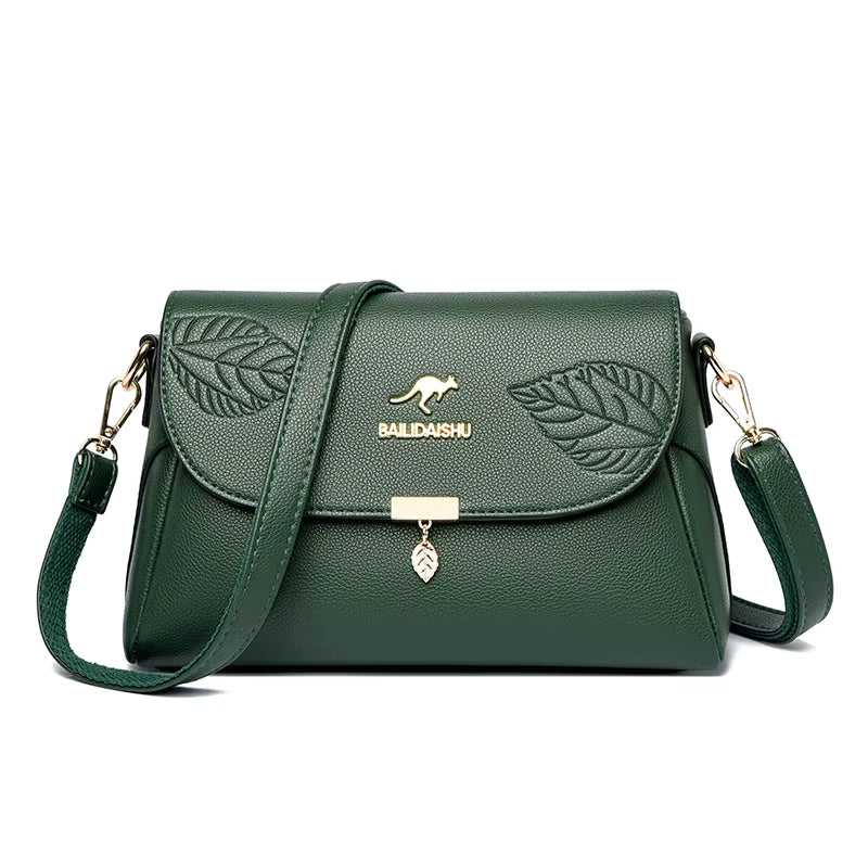 Sac bandoulière femme cuir vert motif feuille