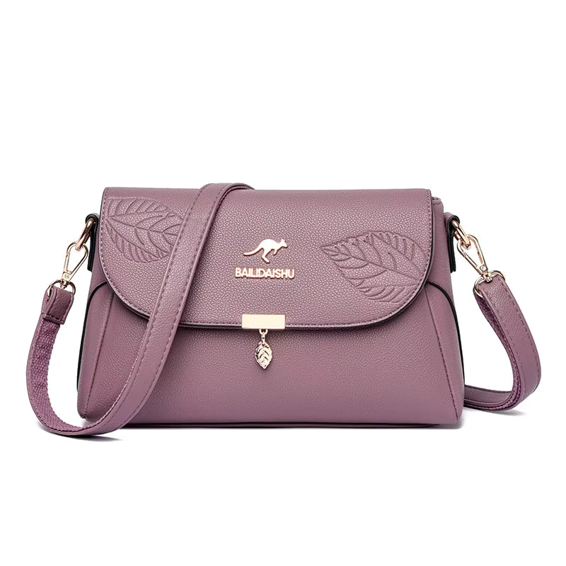Sac bandoulière femme cuir violet motif feuille