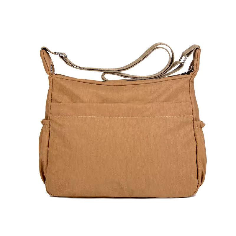 Sac bandoulière femme en tissu marron clair, vue arrière