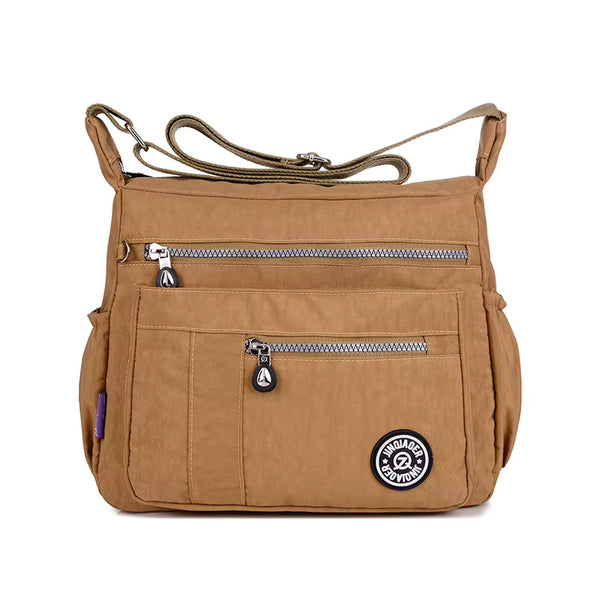 Sac bandoulière femme en tissu marron clair, vue de face