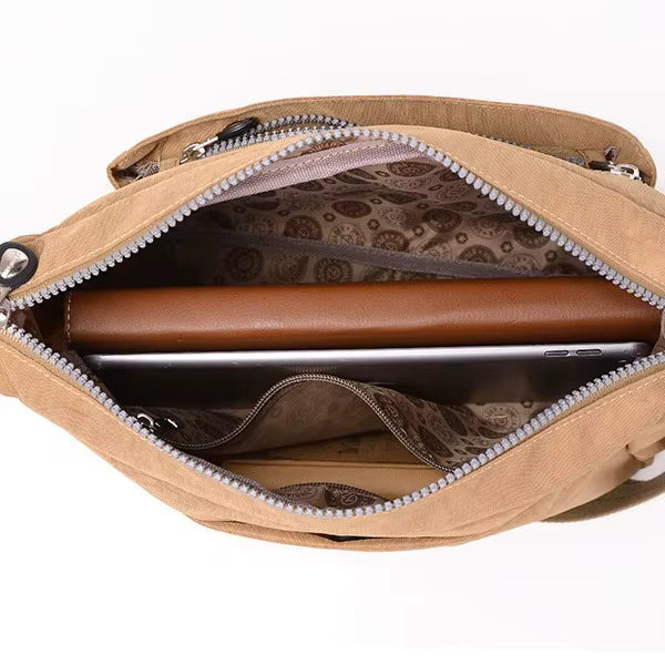 Sac bandoulière femme en tissu marron clair, vue intérieure