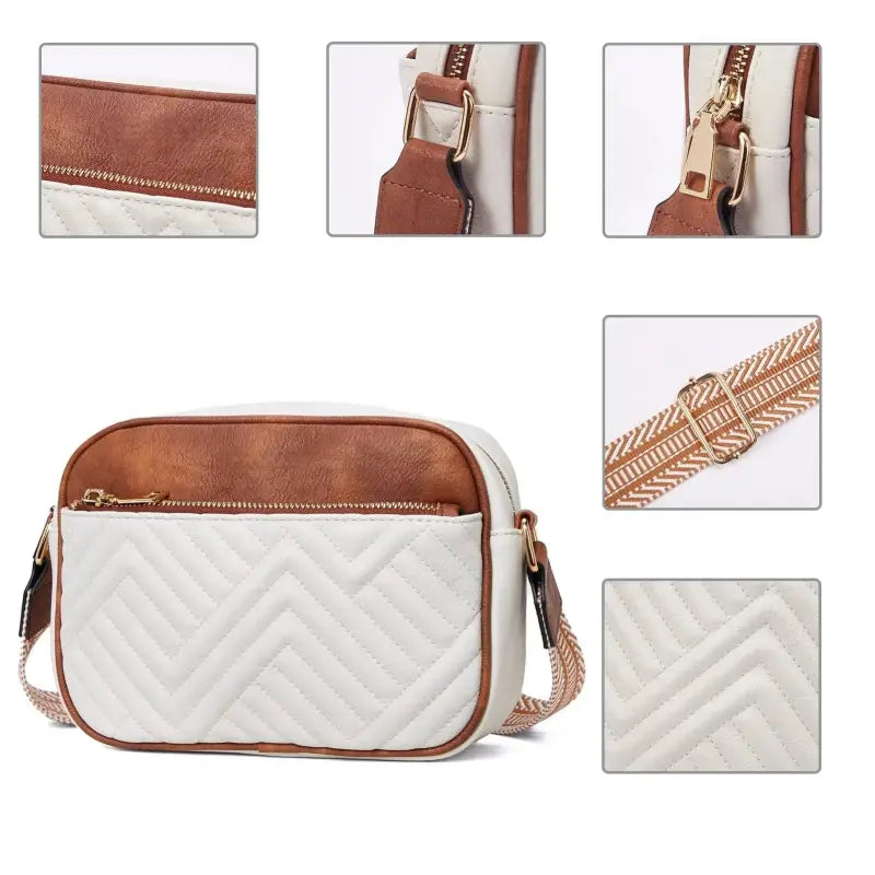 Détails du sac blanc et marron : coutures, poche zippée, boucle et bandoulière à motifs