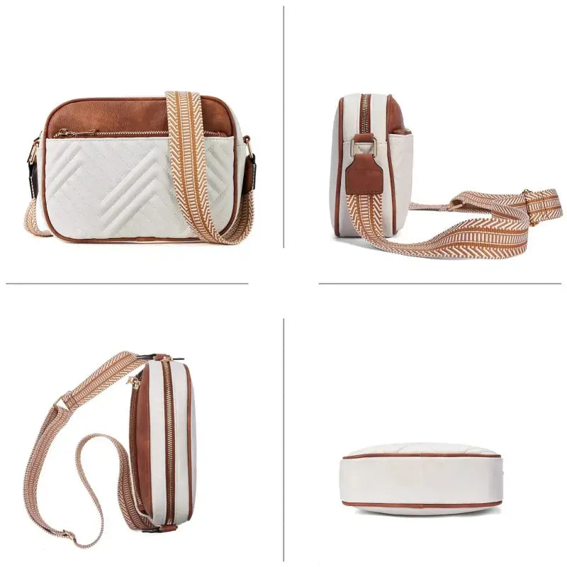 Sac bandoulière blanc et marron vu de face, de profil et de dessus