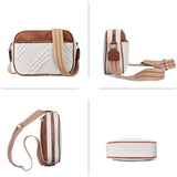 Sac bandoulière blanc et marron vu de face, de profil et de dessus