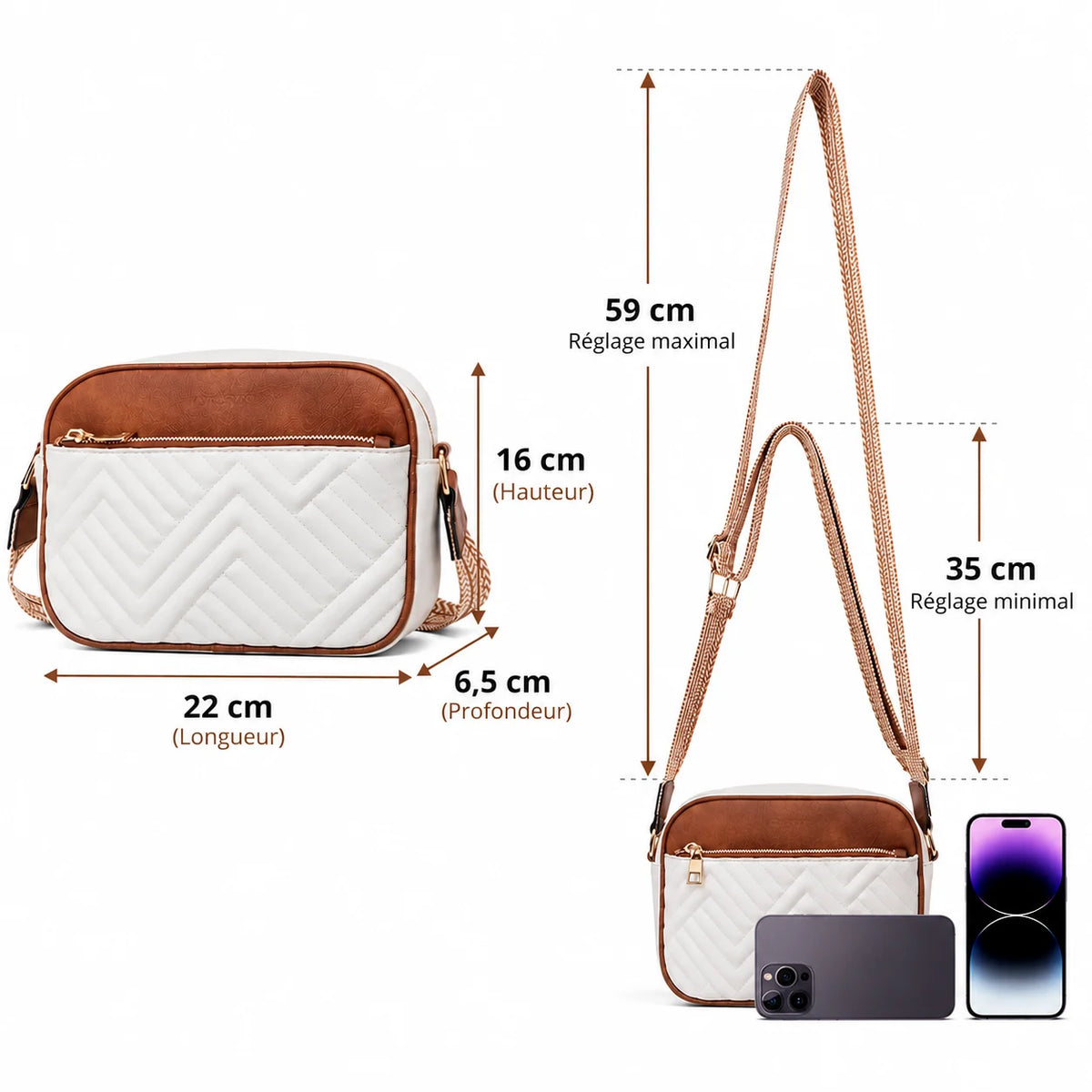 Dimensions du sac bandoulière matelassé femme 