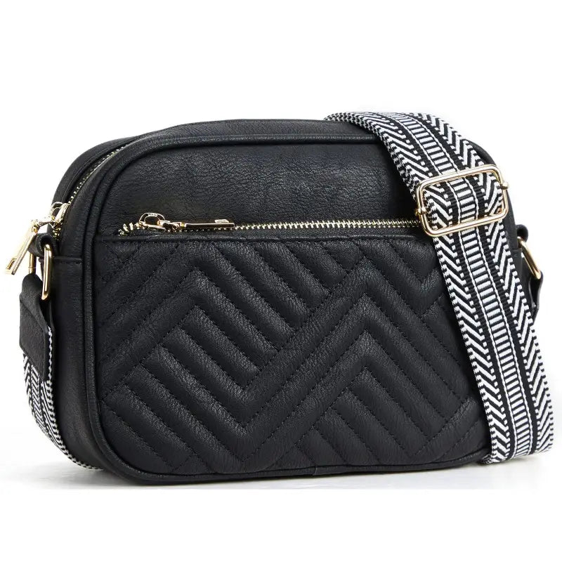 Sac bandoulière noir avec effet matelassé et bandoulière noire et blanche