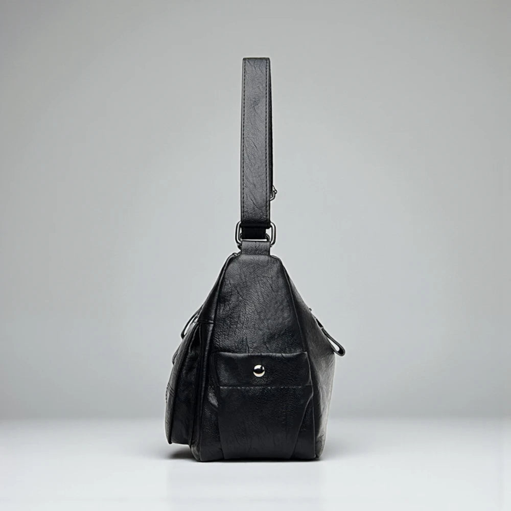 Sac bandoulière noir femme avec surpiqûres de côté