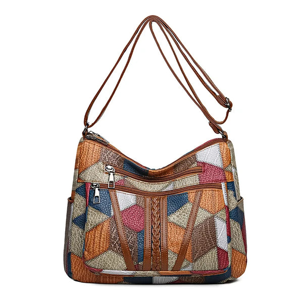Sac bandoulière patchwork en cuir vintage pour femme de face