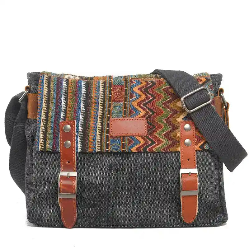 Sac bandoulière tissu ethnique noir