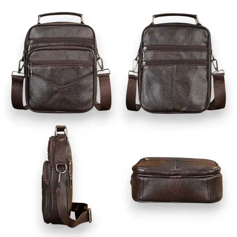 Sac bandoulière en véritable cuir marron foncé 4 images