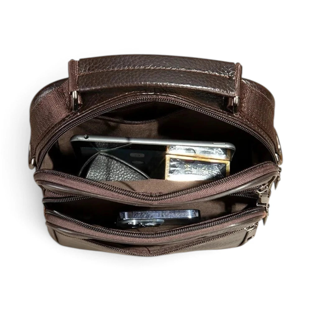 Sac bandoulière en véritable cuir marron foncé, vue intérieure