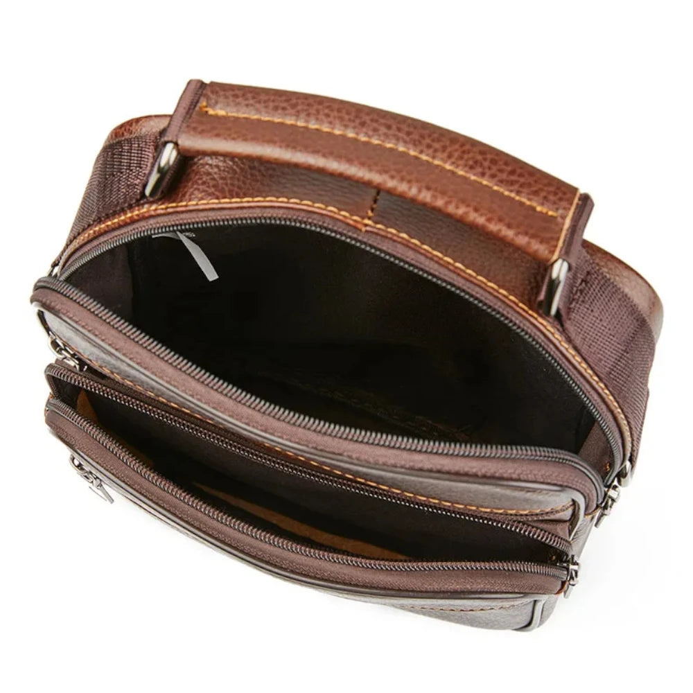 Sac bandoulière en véritable cuir marron intérieur