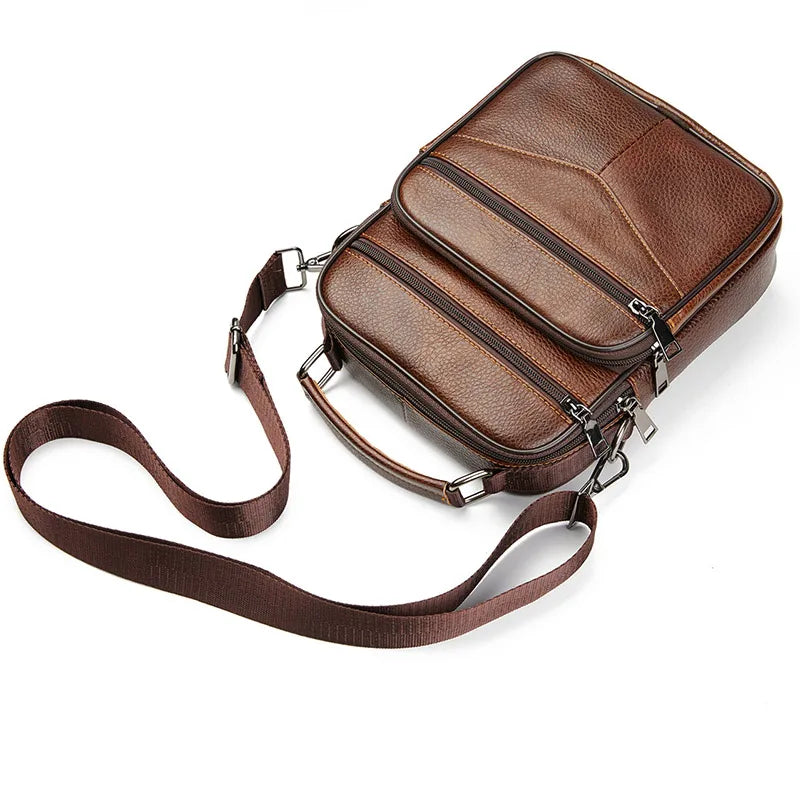 Sac bandoulière en véritable cuir marron à plat