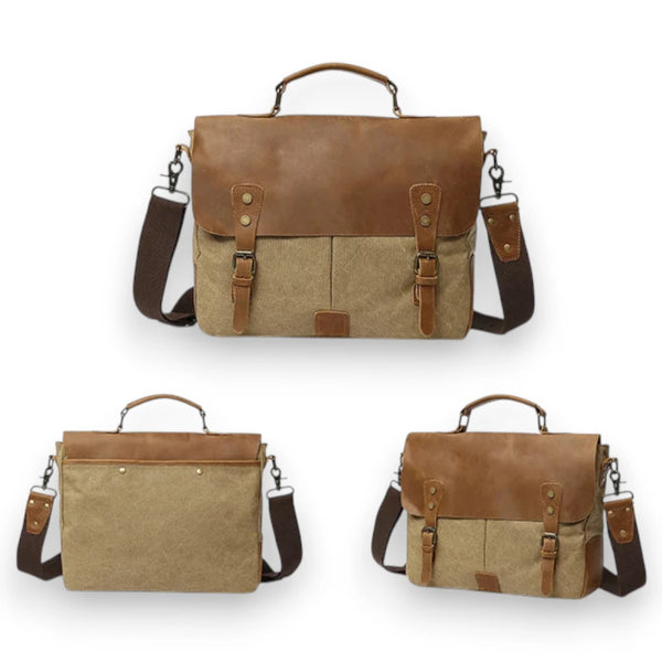 Sac besace homme en toile et cuir beige sous différents angles